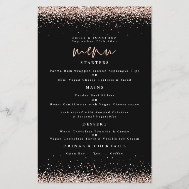 PAPER | Rose Gold Glitter Wedding Black Menu (Front)