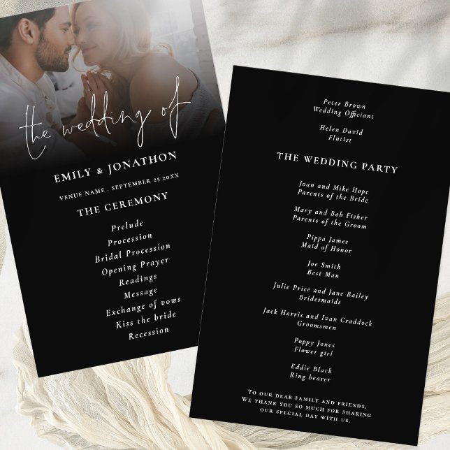 PAPER | Script Photo Overlay Wedding Program Black (Wedding Program Photo Overlay Black - Value budget price paper alternative)