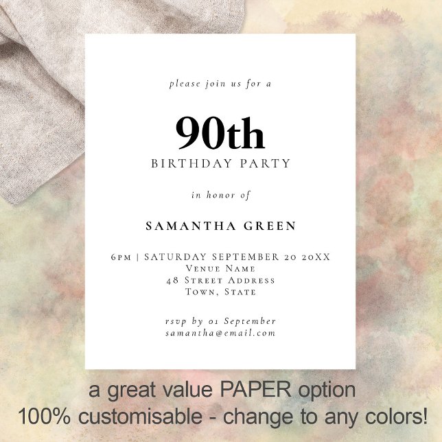 PAPER Simple Text Any Colour 90th Birthday Invite (Creator Uploaded)