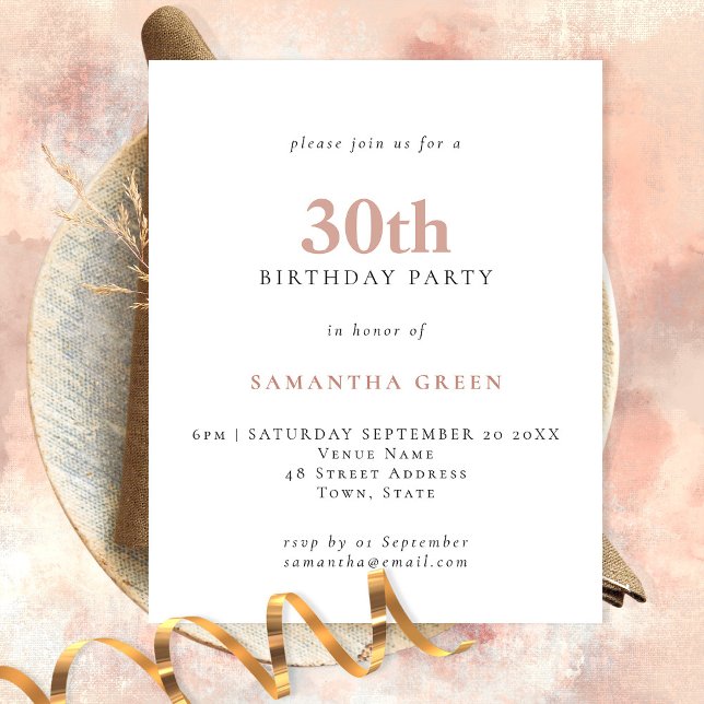 PAPER Simple Text Blush 30th Birthday Invitation (Creator Uploaded)