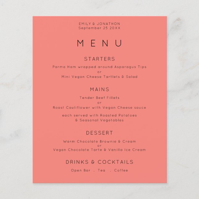 PAPER | Simple Text Coral Rose Pink Wedding Menu (Front)