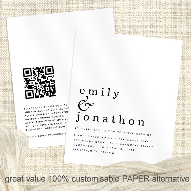 PAPER Simple Text QR Code Wedding Invitation (Front and back view of the great value paper invite)