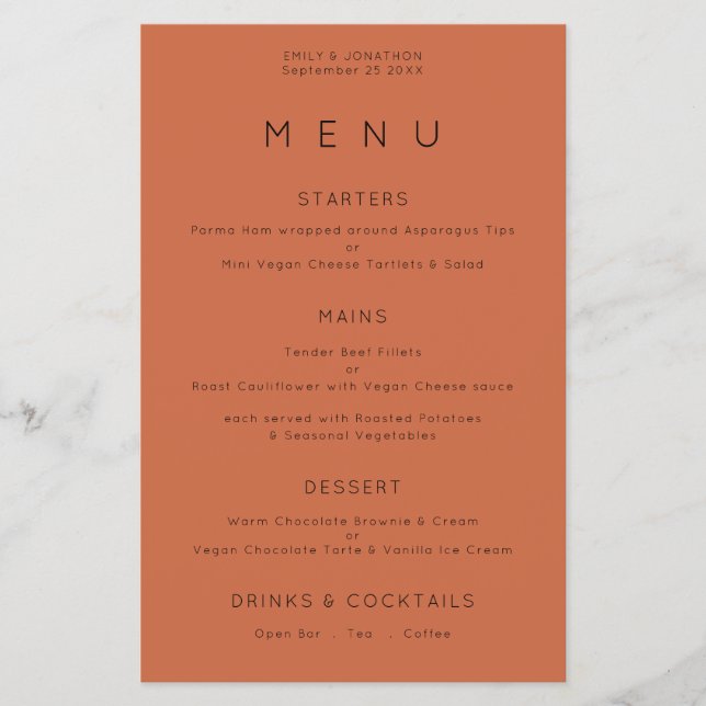PAPER | Simple Typography Terracotta Wedding Menu (Front)