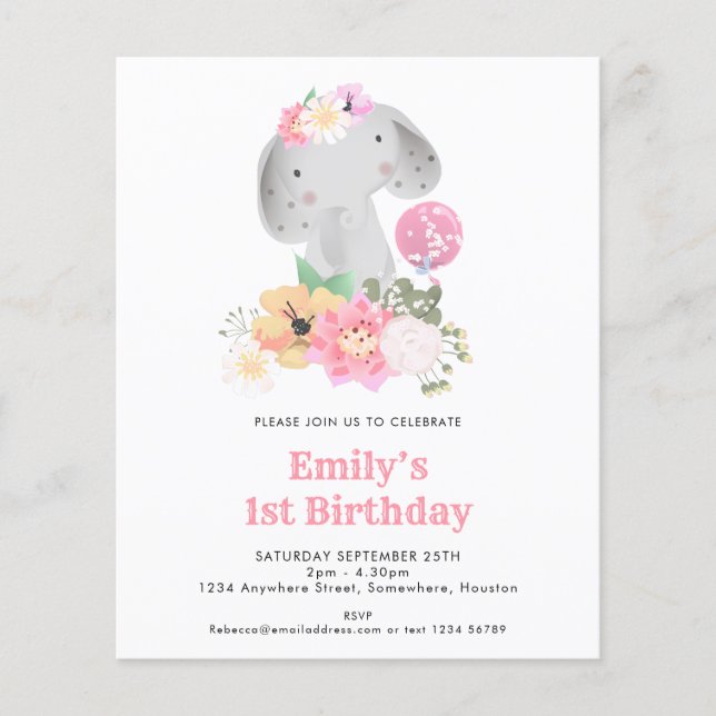 PAPER | Sweet Elephant First Birthday Party Invite (Front)
