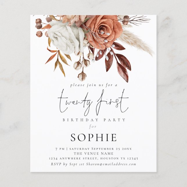 PAPER Terracotta Florals Script 21st Party Invite (Front)