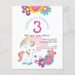 PAPER | Unicorn Girl 3rd Birthday Party Invitation<br><div class="desc">A great value PAPER (not card) alternative WITHOUT ENVELOPES at SMALLER size 4.5” x 5.6” and at a budget price. (Standard A6 envelopes are the nearest size to fit). A cute unicorn themed design for your little girl's 3rd Birthday Party, along with colourful simplistic florals in shades of pink, teal...</div>