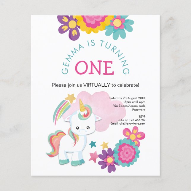 PAPER | Unicorn Virtual 1st Birthday Invitation (Front)