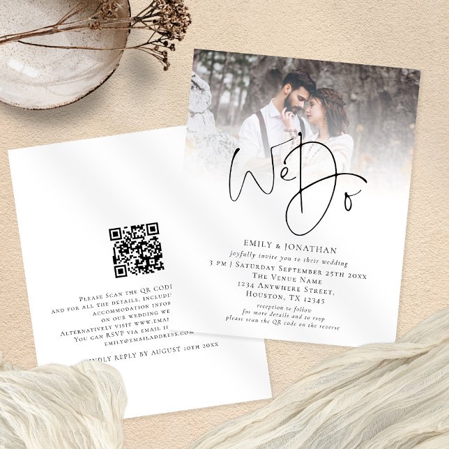 PAPER We Do QR Code Photo Wedding Invitation (Front and back view. Value paper alternative.Part of a large collection of matching wedding supplies)