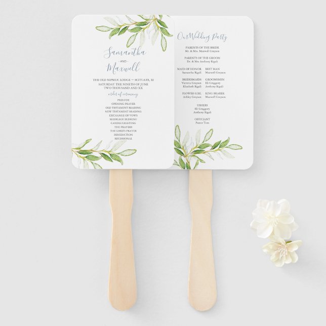 Paper Wedding Fan Watercolor Greenery (Front and Back)