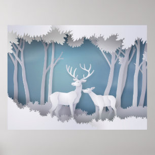Papercut Deer in Forest Poster