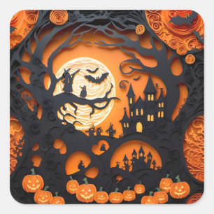 Papercut Halloween Scene Square Sticker