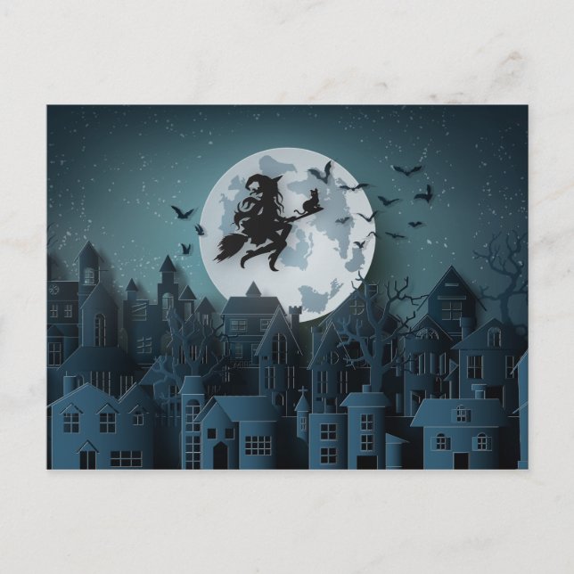 Papercut Halloween Witch Flying over City Postcard (Front)