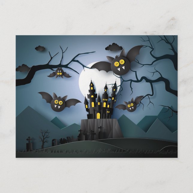 Papercut Haunted Castle and Bats Postcard (Front)