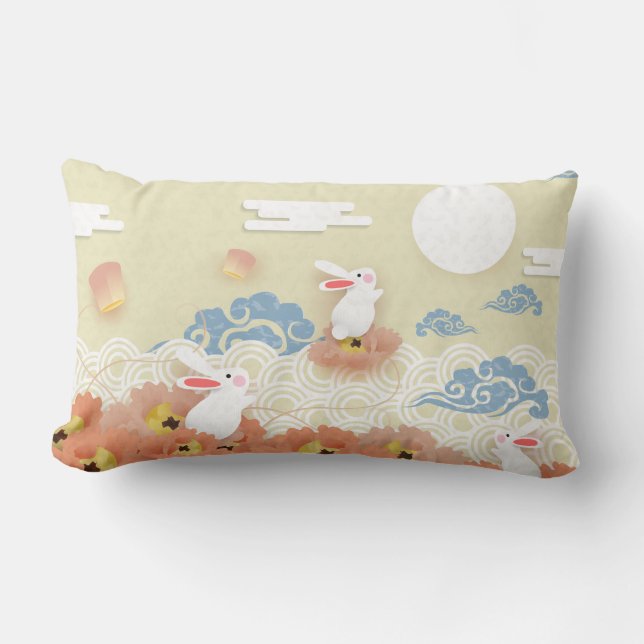 Papercut Mid Autumn Bunnies, Lotus, Moon Lumbar Pillow (Front)