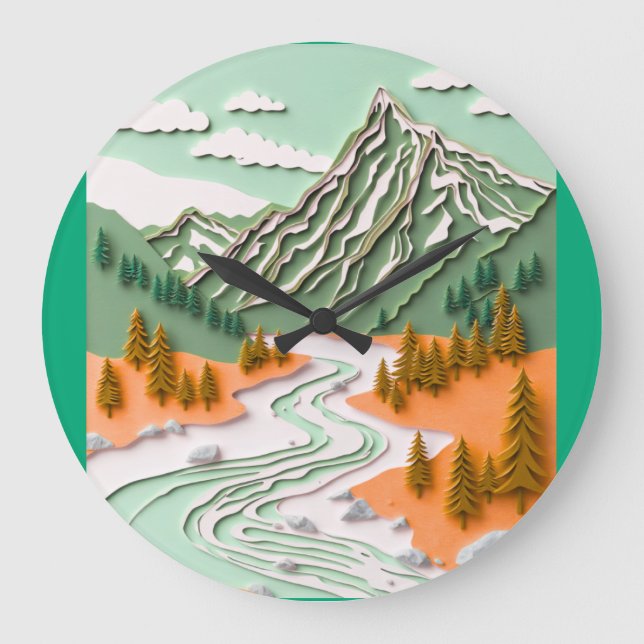 Papercut Mountain design Large Clock (Front)