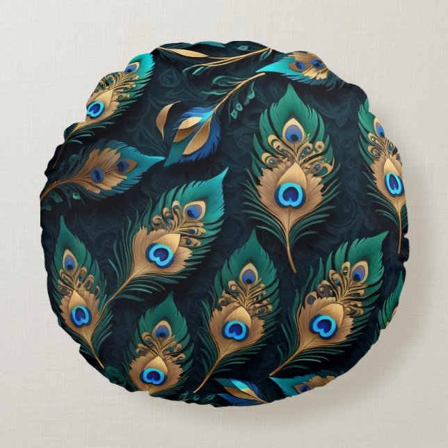 Papercut Peacock Feathers Pattern Round Pillow (Front)