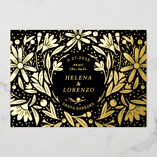 Papercut Rustic Flowers Black Save the Date Gold (Front)