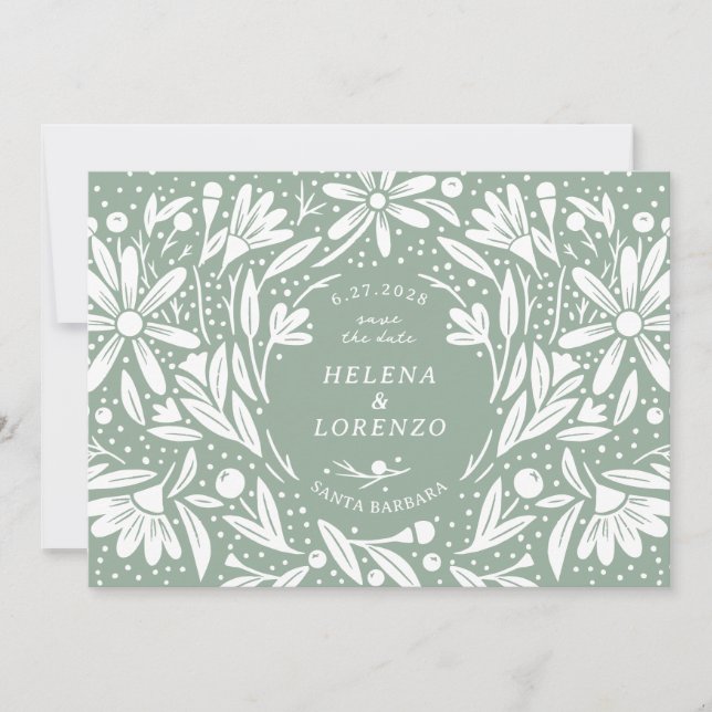 Papercut Rustic Flowers Sage Green Save The Date (Front)