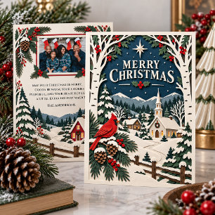 Papercut-Style Winter Village Photo Christmas Holiday Card