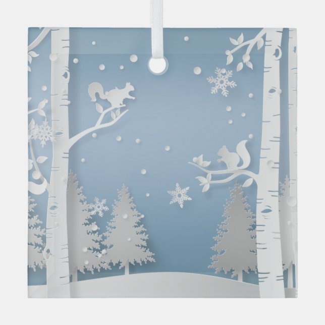 Papercut Winter Forest and Squirrels Glass Ornament (Front)
