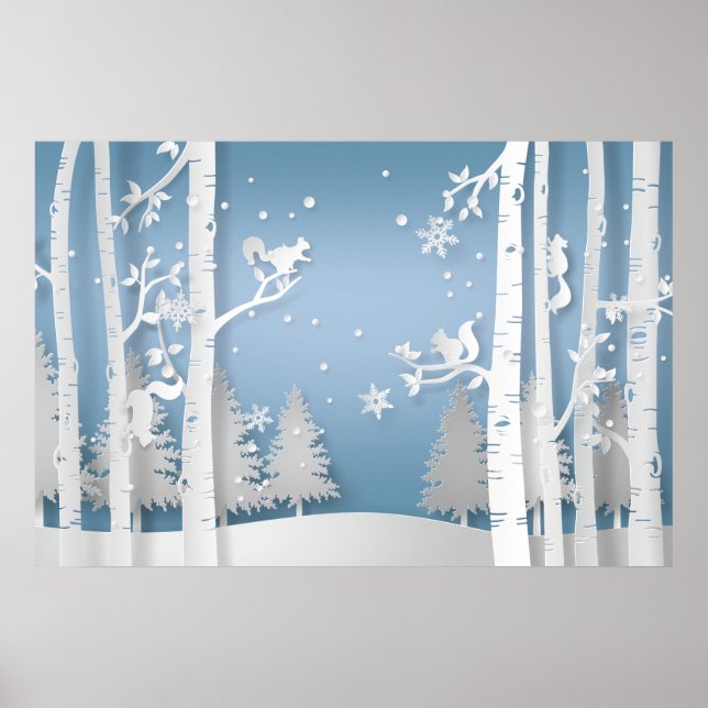 Papercut Winter Forest and Squirrels Poster (Front)