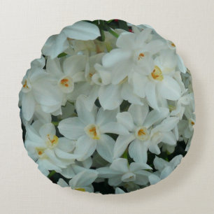 Paperwhite Narcissus Delicate White Flowers Round Pillow
