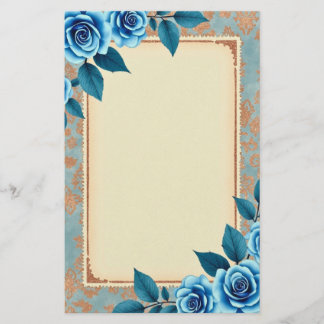 Papeterie à motif de timbre vintage à fleurs bleue