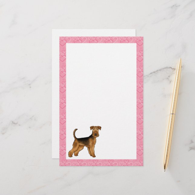 Papeterie Airedale Bingley Terrier Chien Avec Coeur Rose (Devant/Arrière en situation)