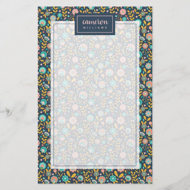 Papeterie Ajouter votre nom| Motif à fleurs d'art populaire (Devant)