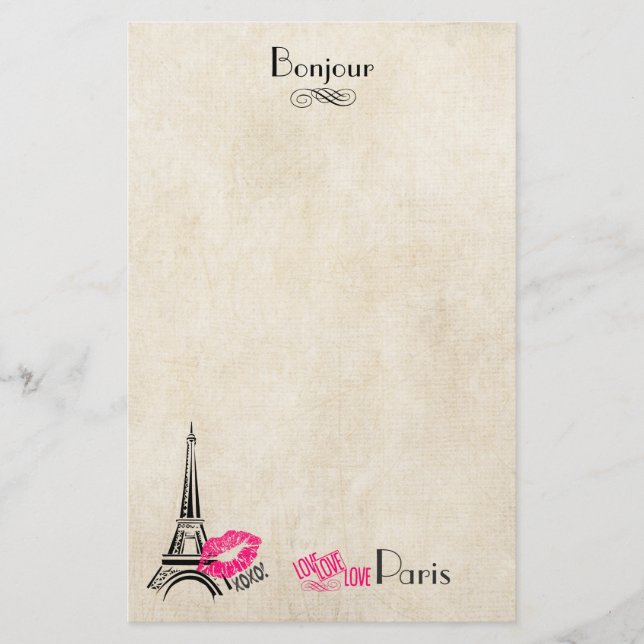 Papeterie Amour Paris avec la Tour Eiffel sur Parchemin Text (Devant)