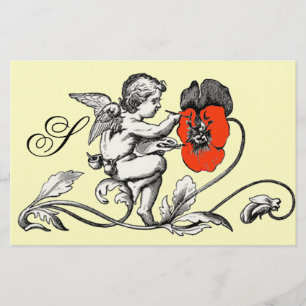 PAPETERIE ANGE PEINTURE D'UN MONOGRAMME À FLEURS ROUGES