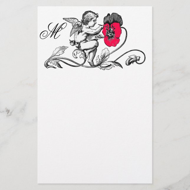 PAPETERIE ANGE PEINTURE D'UN MONOGRAMME DE FLEURS ROSES (Devant)