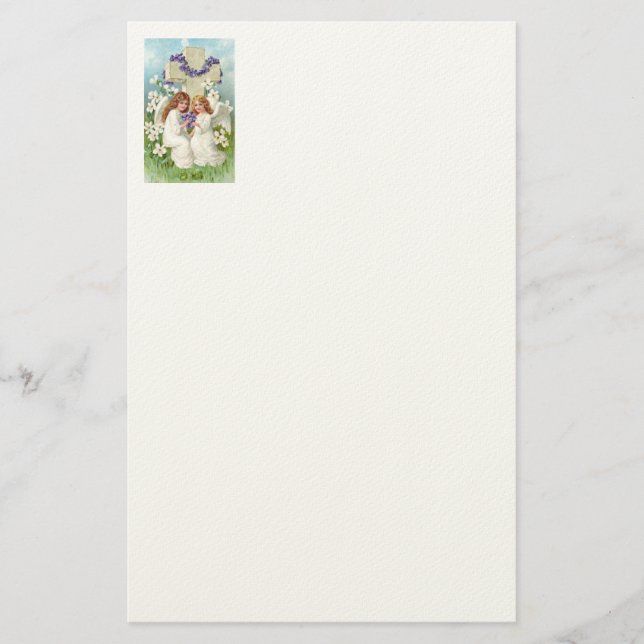 Papeterie Anges Mignons Avec Croix Et Fleurs  (Devant)