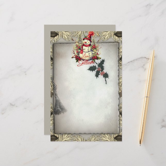 Papeterie Antique Style Snowman frontière de Noël (Devant/Arrière en situation)