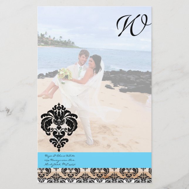Papeterie Aqua Blue Damask Monogram Mariage (Devant)