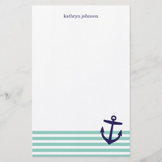 Papeterie Aqua & Navy Blue Nautical Stripes & Cute Ancre (Devant)