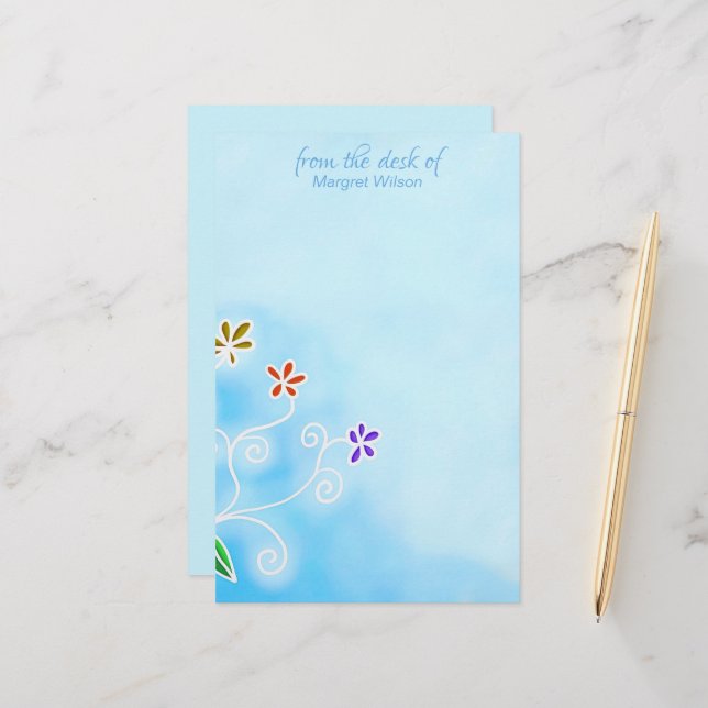Papeterie Aquarelle bleu avec Fleurs Whimsical personnel (Devant/Arrière en situation)