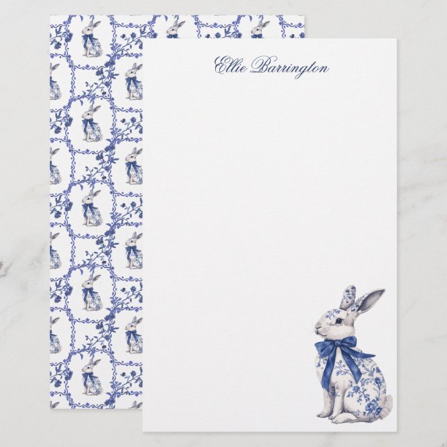 Papeterie Aquarelle Bleu et blanc Chinoiserie Lapin Rabbit (Devant / Derrière)