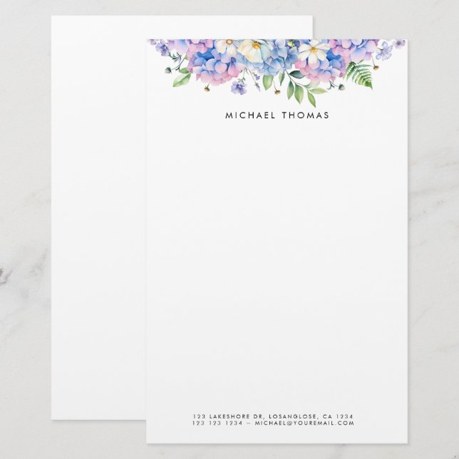 Papeterie Aquarelle Bleu Hydrangées & Fleurs Blanches Floral (Devant / Derrière)