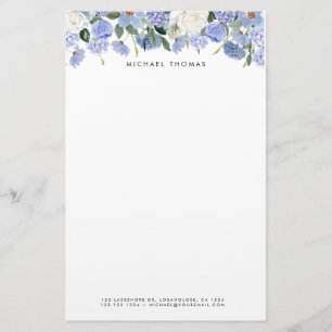 Papeterie Aquarelle Bleu Hydrangées & Roses Blanches Floral