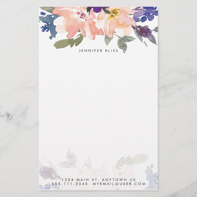 Papeterie Aquarelle bleue et rose florale personnalisée (Devant)