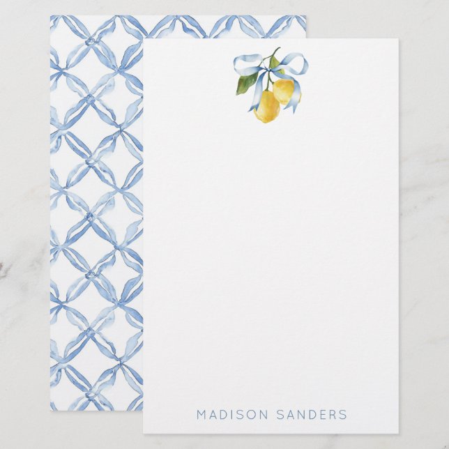 Papeterie Aquarelle Blue Bow Lemons Personnalisé (Devant / Derrière)