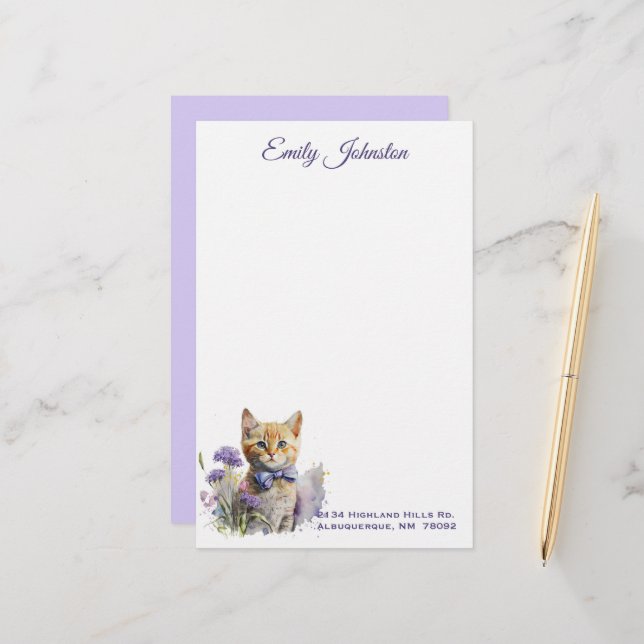 Papeterie Aquarelle Chat en Fleurs Papier à lettres personna (Devant/Arrière en situation)
