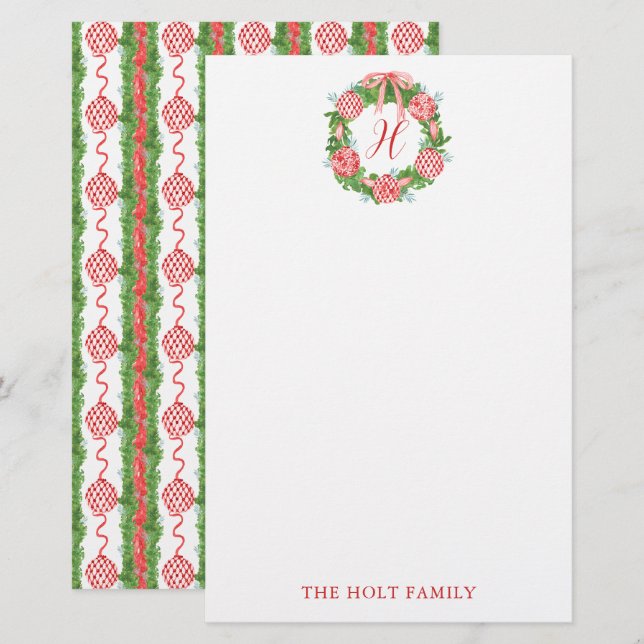 Papeterie Aquarelle Chinoiserie Wreath Monogramme Noël (Devant / Derrière)