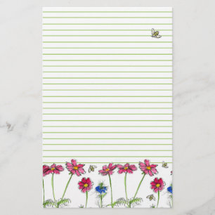 Papeterie Aquarelle des abeilles Fleurs rose Cosmos Vert