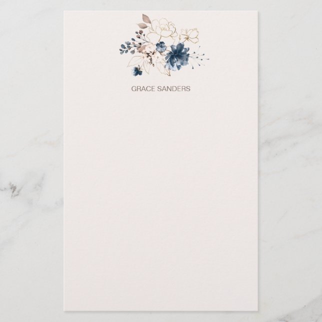 Papeterie Aquarelle florale bleu et or (Devant)