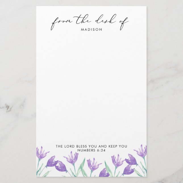 Papeterie Aquarelle Lilac Fleurs Écriture Personnalisée (Devant)