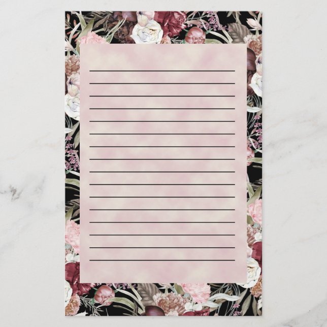 Papeterie Aquarelle rose Bourgogne Floral Linal Noir (Devant)