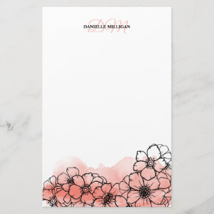 Papeterie Aquarelle rose chaud Floral Line Art Name Monogram