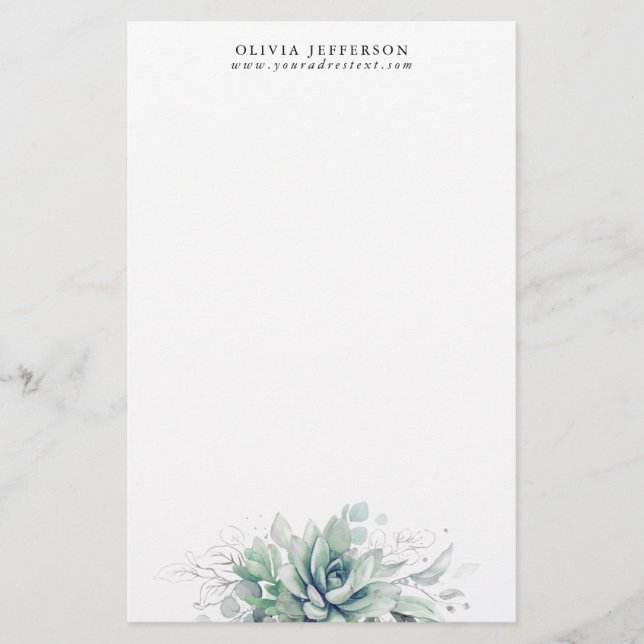 Papeterie Aquarelle Succulents et verdure argentée Élégant (Devant)